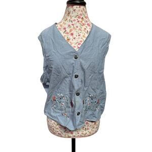 Vintage American collection button vest floral lt blue embroider short sleeve